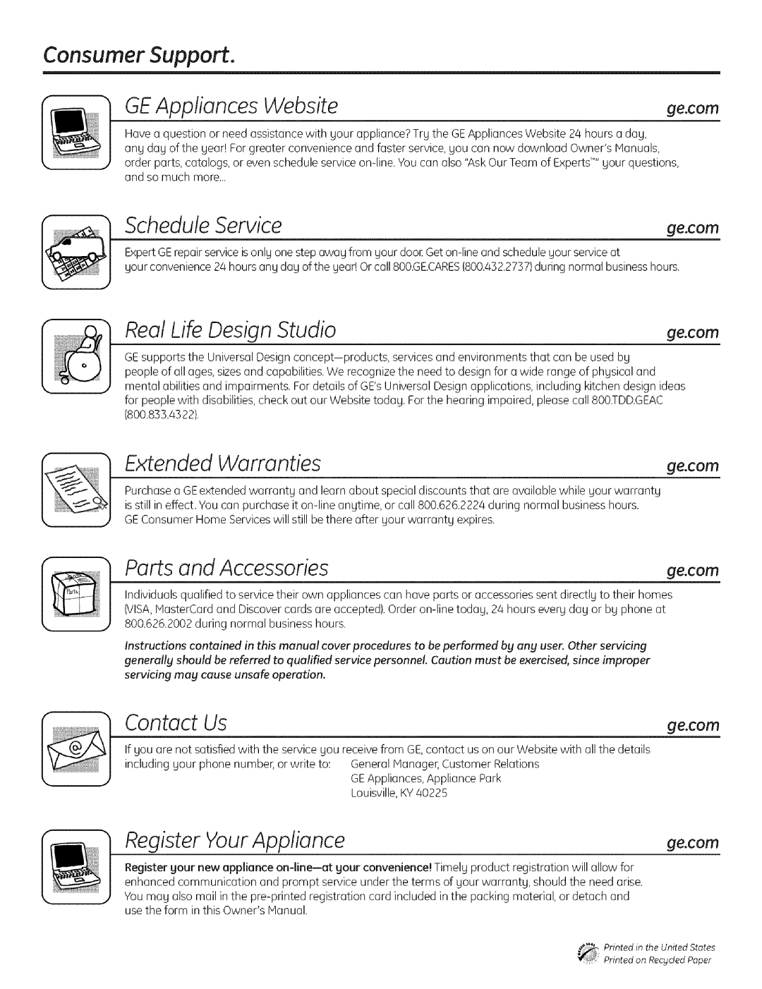 GE EDWSO00 manual RealLife DesignStudio, Extended Warranties 