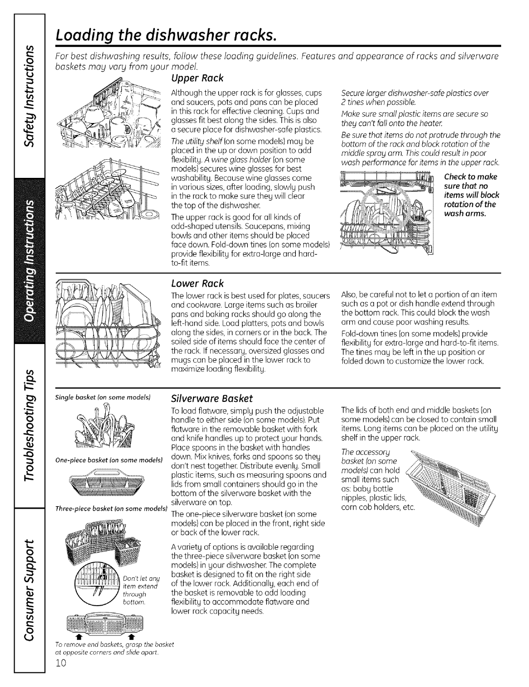 GE EDWSO00 manual Loading the dishwasher racks, Upper Rack, Lower Rack, Silverware Basket 