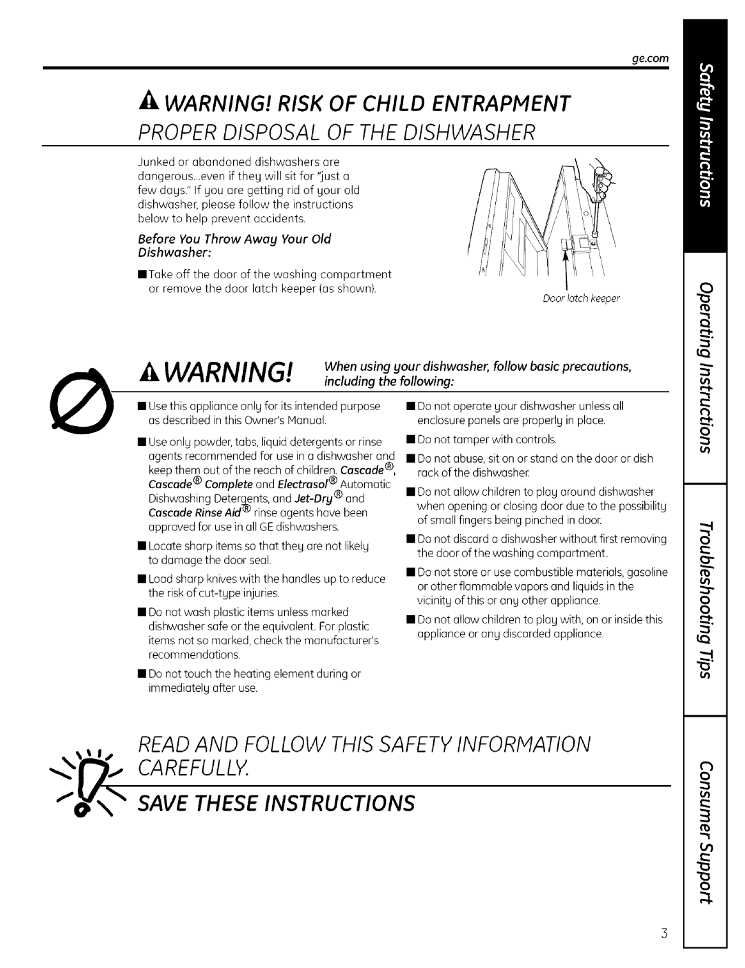 GE EDWSO00 Proper Disposal Of The Dishwasher, Readand Follow This Safetyinformation Carefully, Save These Instructions 
