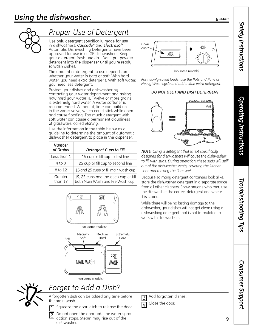 GE EDWSO00 manual Using the dishwasher, gecom, Proper Use of Detergent, Forget to Add o Dish? 