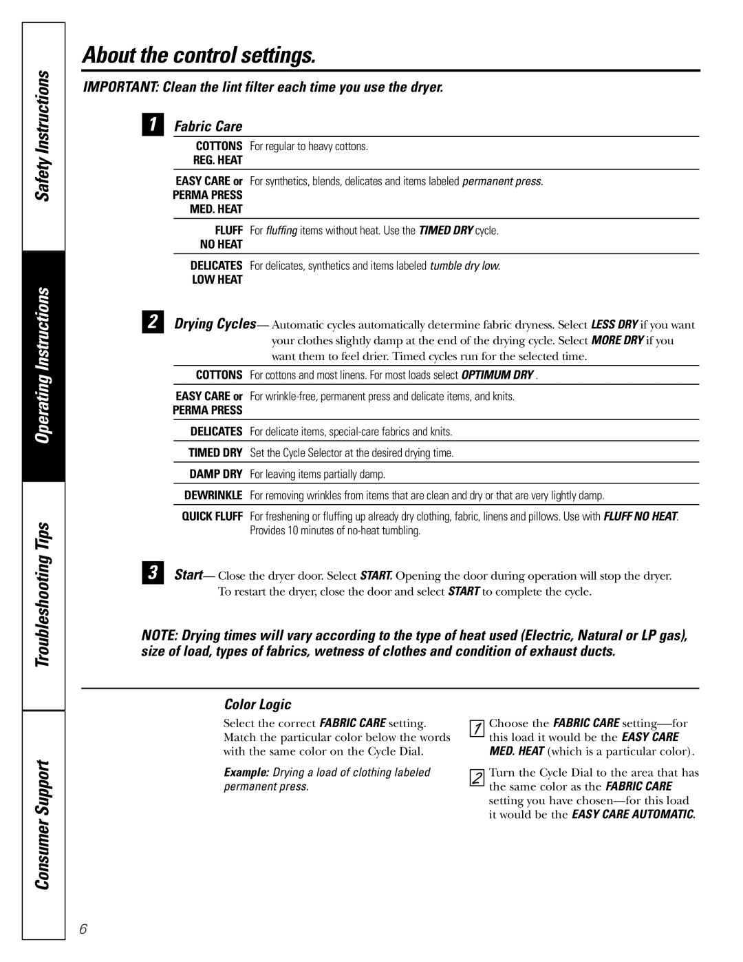 GE DWXR485, EED6500, EGD6500, DBB5000 owner manual About the control settings, Safety Instructions, Color Logic 