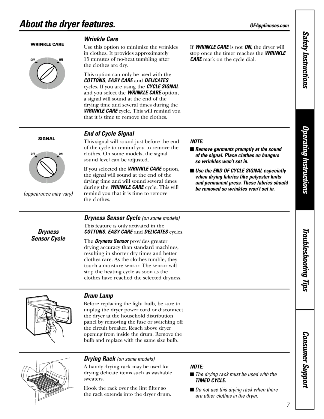 GE DBB5000, EED6500, EGD6500, DWXR485 owner manual About the dryer features, Support 