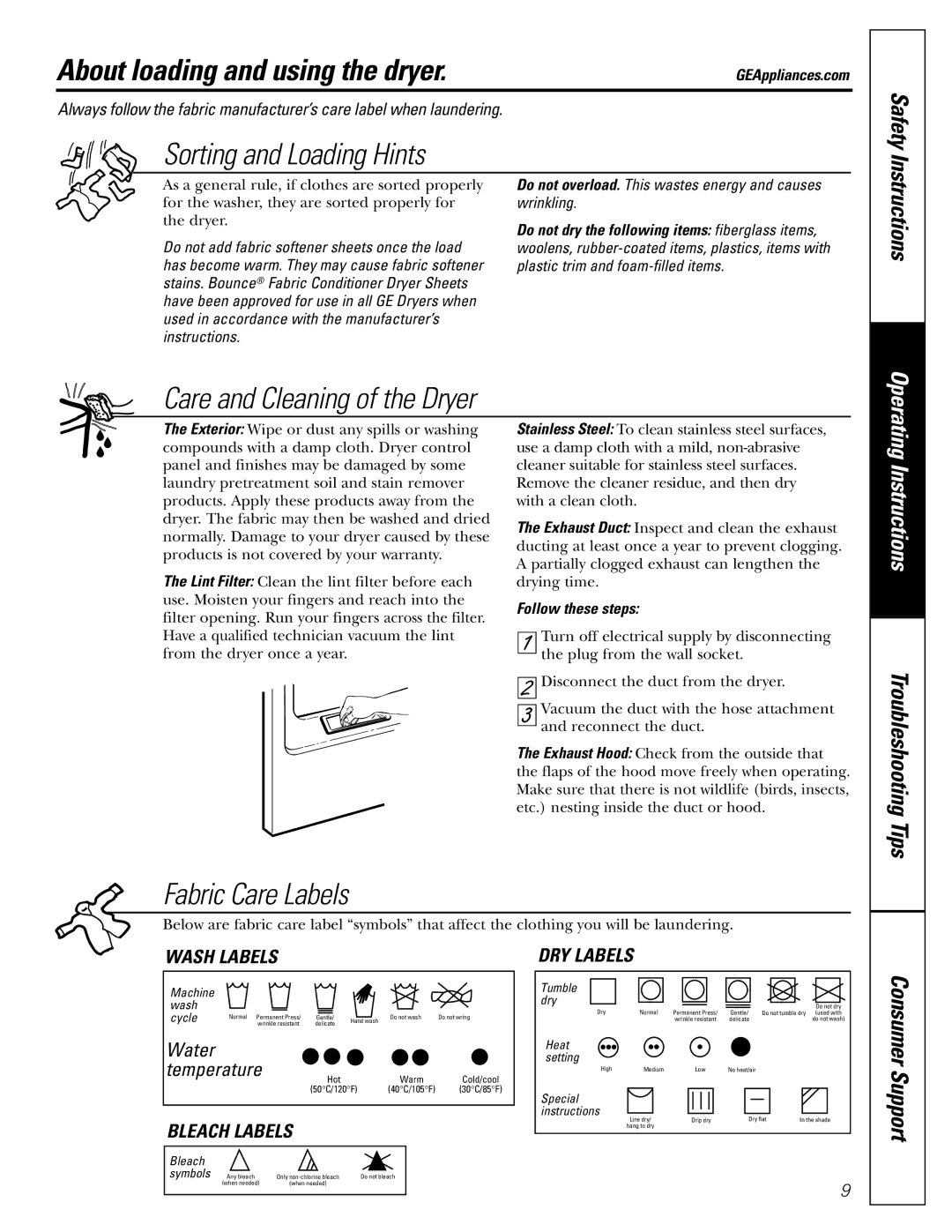 GE EED6500, EGD6500, DWXR486 owner manual About loading and using the dryer, Safety, Instructions, Follow these steps 