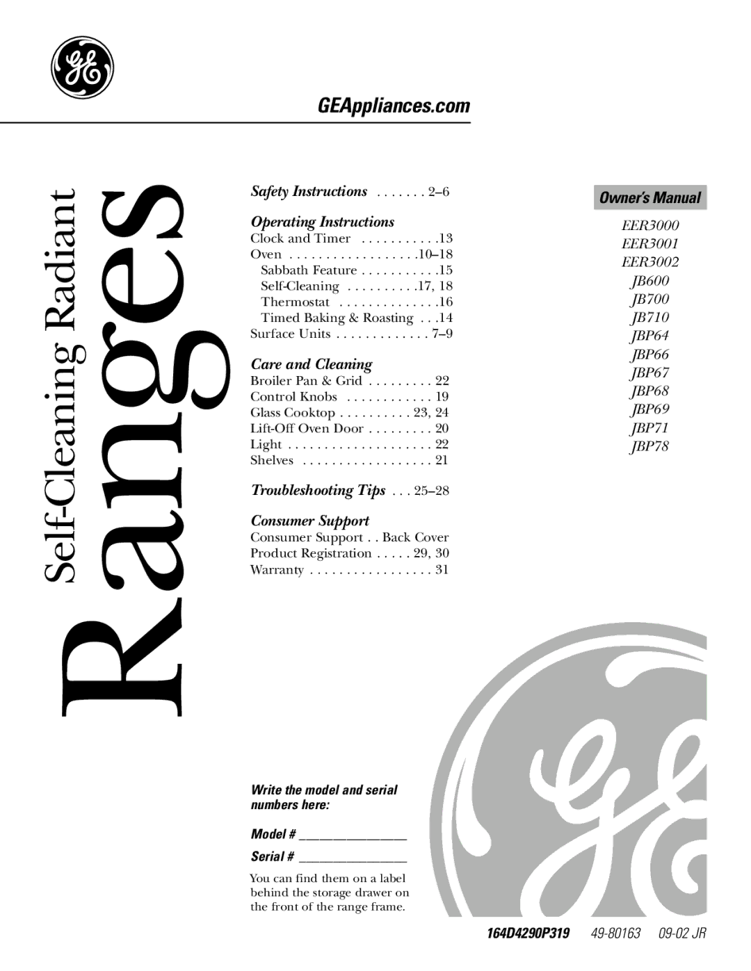 GE JB700, EER 3000, 67, 78, 69, 3002, 3001 owner manual 164D4290P319, Write the model and serial numbers here Model # Serial # 