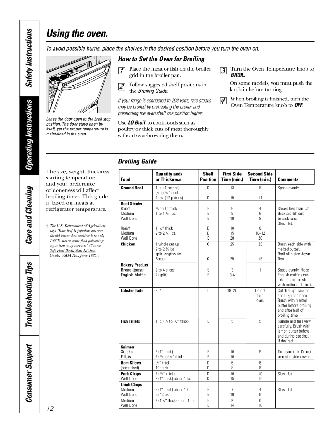 GE 67, EER 3000, JB700, 78, 69, 3002, 3001, 68, 71, 66 How to Set the Oven for Broiling, Broiling Guide, Instructions, Safety 