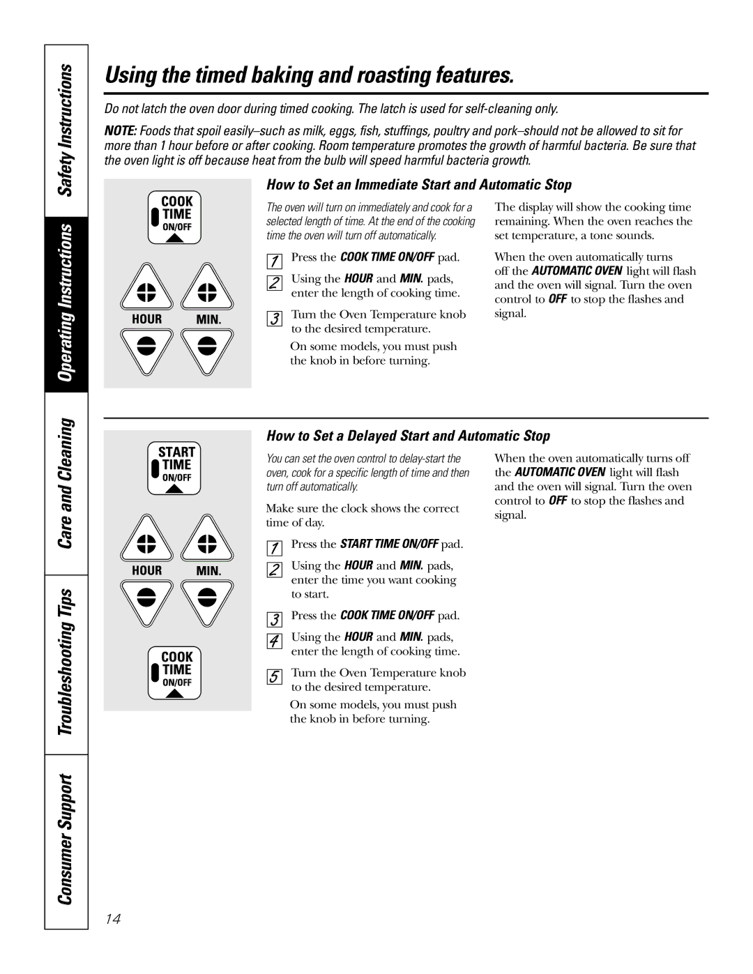 GE 69 Using the timed baking and roasting features, Safety Instructions, How to Set an Immediate Start and Automatic Stop 