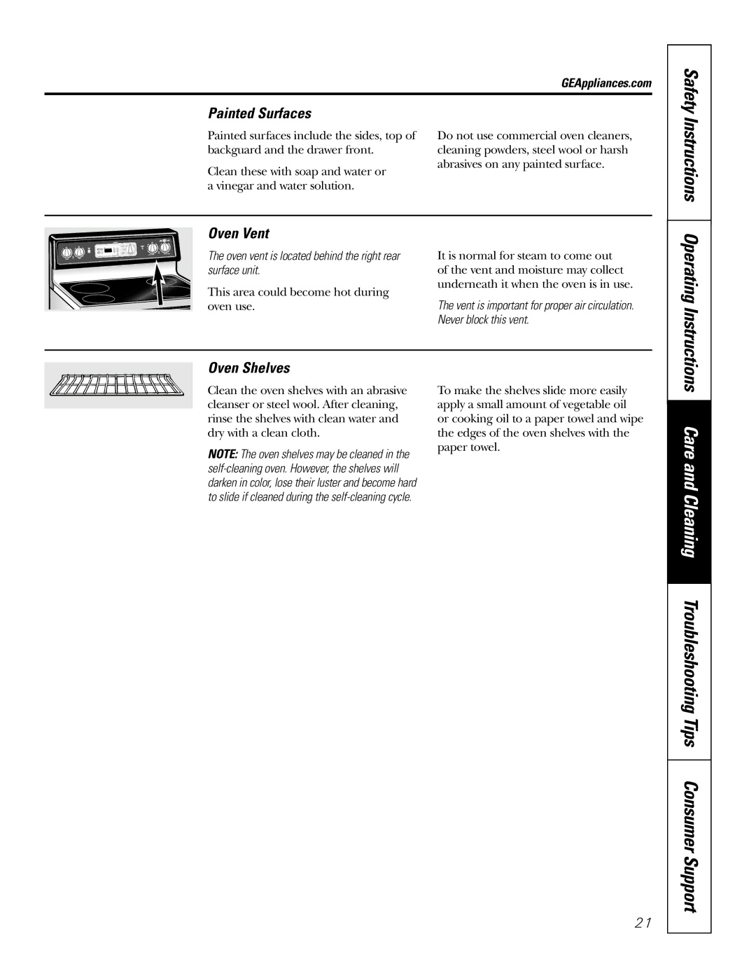 GE JB700, EER 3000, 67 Painted Surfaces, Oven Vent, Oven Shelves, Oven vent is located behind the right rear surface unit 