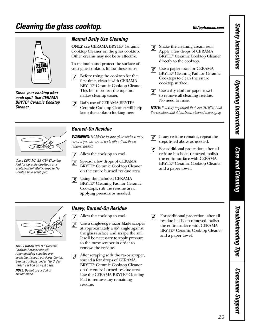 GE 78, EER 3000, JB700, 67, 69, 3002, 3001 Cleaning the glass cooktop, Normal Daily Use Cleaning, Heavy, Burned-On Residue 