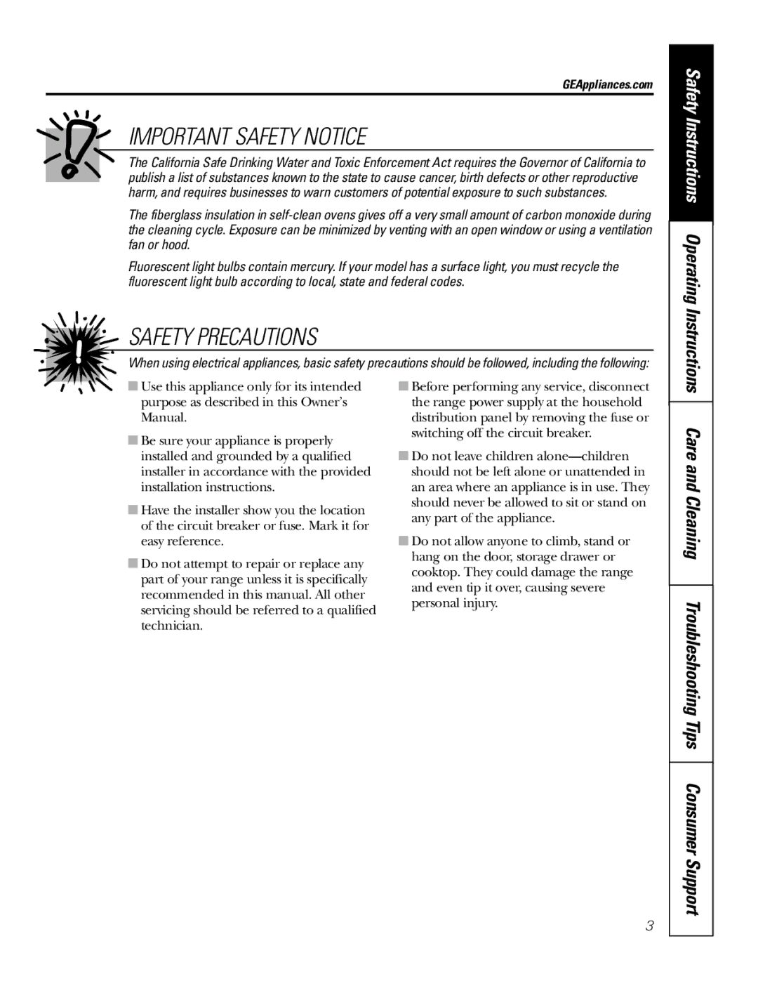 GE 78, EER 3000, JB700, 67, 69, 3002, 3001, 68, 71, 66 Care and Cleaning Troubleshooting Tips Consumer Support, GEAppliances.com 