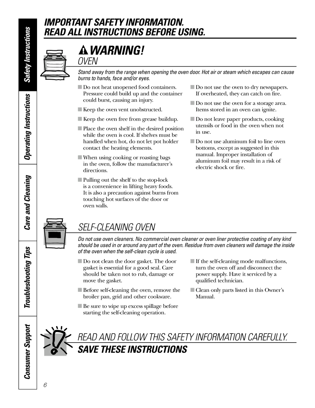 GE 3001, EER 3000, JB700, 67, 78, 69, 3002, 68, 71, 66 owner manual Tips Care, Consumer Support 