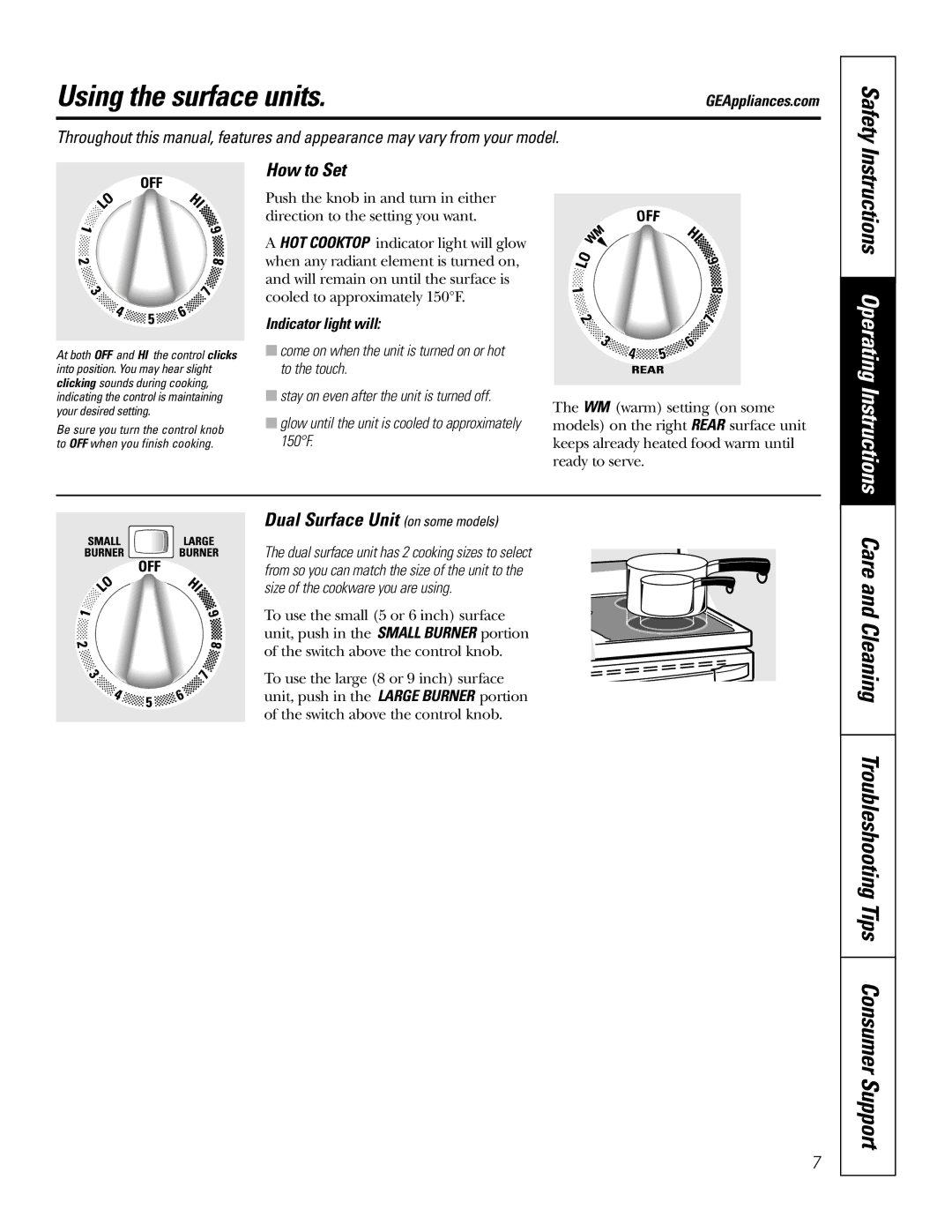 GE 68, EER 3000, JB700 Using the surface units, Safety, Care and Cleaning Troubleshooting Tips Consumer Support, How to Set 