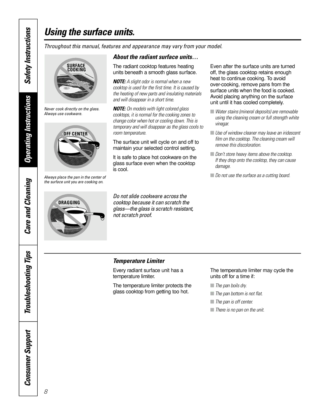 GE 71, EER 3000, 67 Instructions, Consumer Support Troubleshooting, Temperature Limiter, About the radiant surface units… 