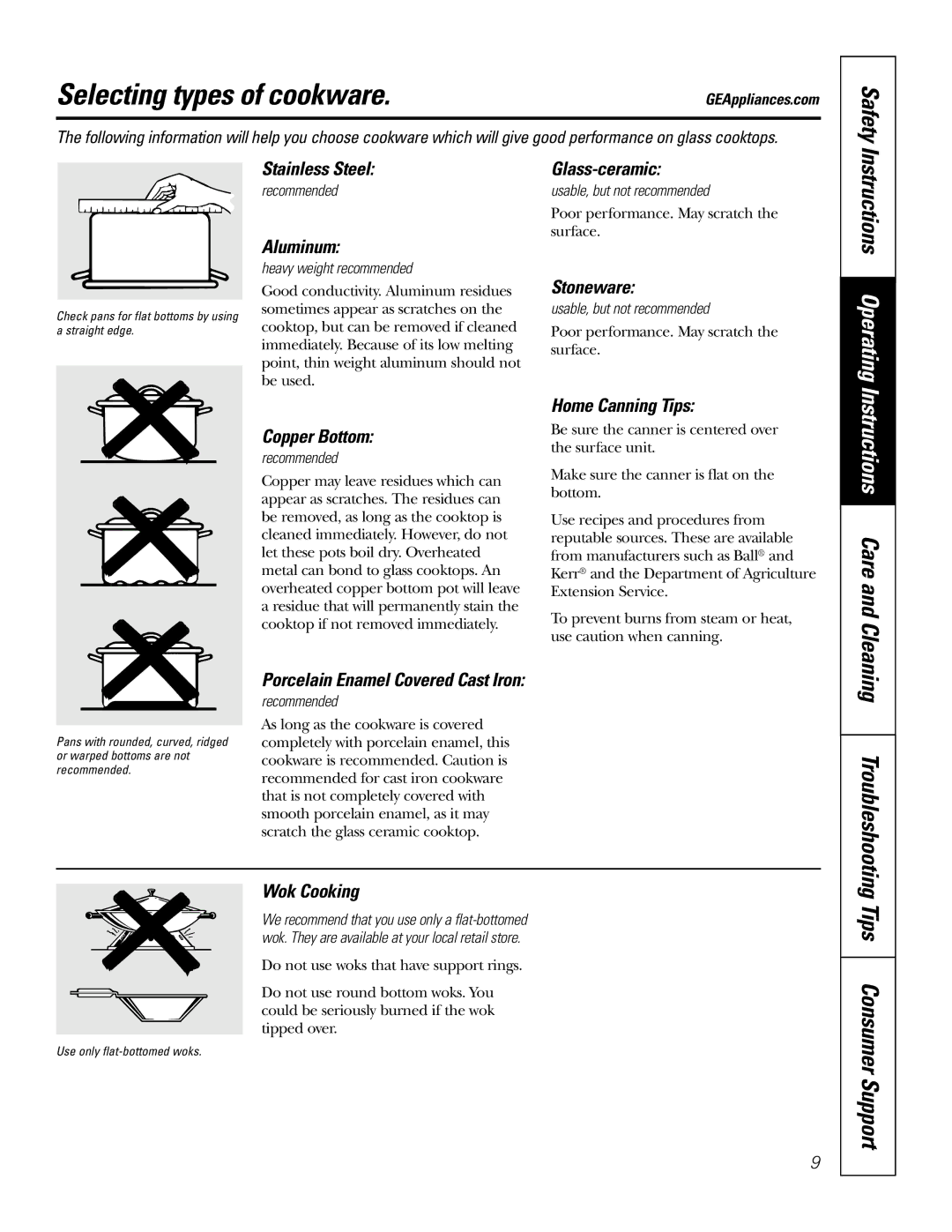 GE 66, EER 3000, JB700, 67, 78, 69, 3002, 3001, 68, 71 owner manual Selecting types of cookware, Tips Consumer Support 