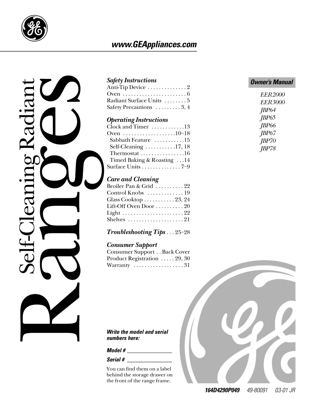 GE JBP70, EER2000 owner manual RangesSelf-Cleaning Radiant 