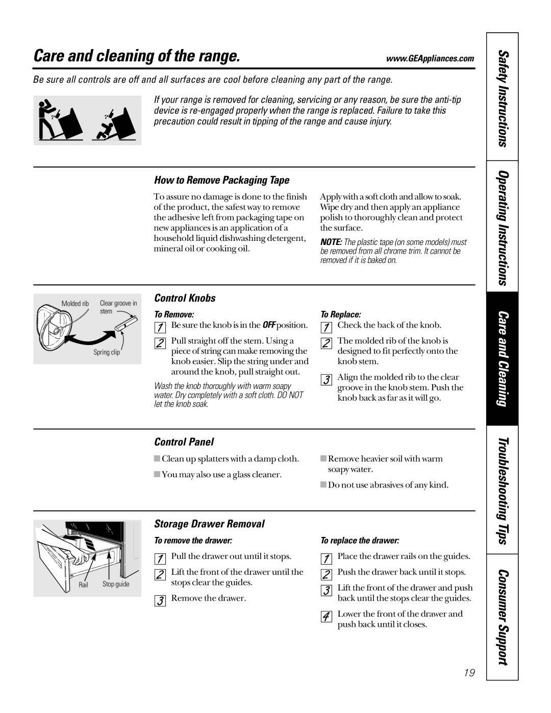 GE JBP70, EER2000 Care and cleaning of the range, Care and Cleaning, Tips Consumer Support, Operating Instructions 