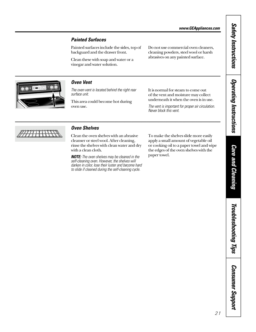 GE JBP70, EER2000 Painted Surfaces, Oven Vent, Oven Shelves, Oven vent is located behind the right rear surface unit 