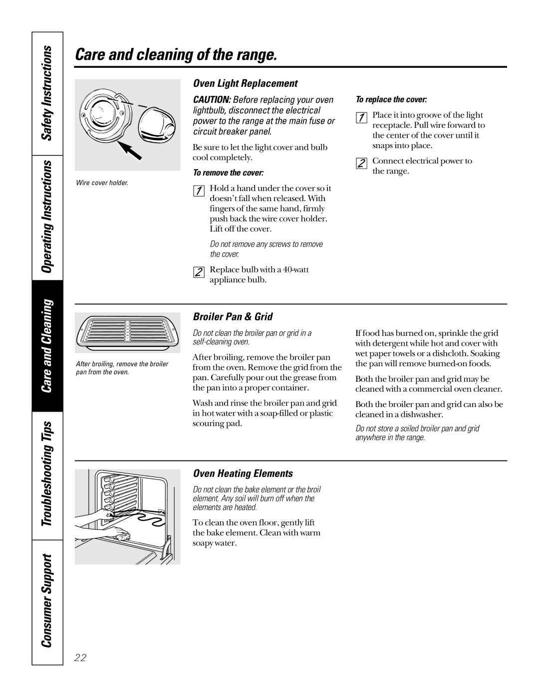 GE EER2000, JBP70 owner manual Tips Care and Cleaning, Oven Light Replacement, Broiler Pan & Grid, Oven Heating Elements 