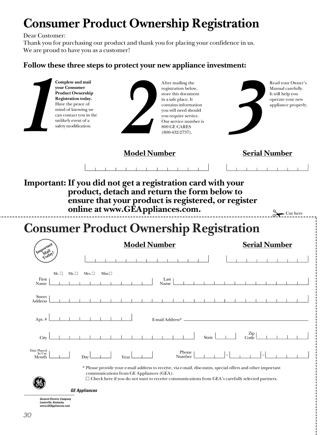 GE EER2000, JBP70 owner manual Consumer Product Ownership Registration 