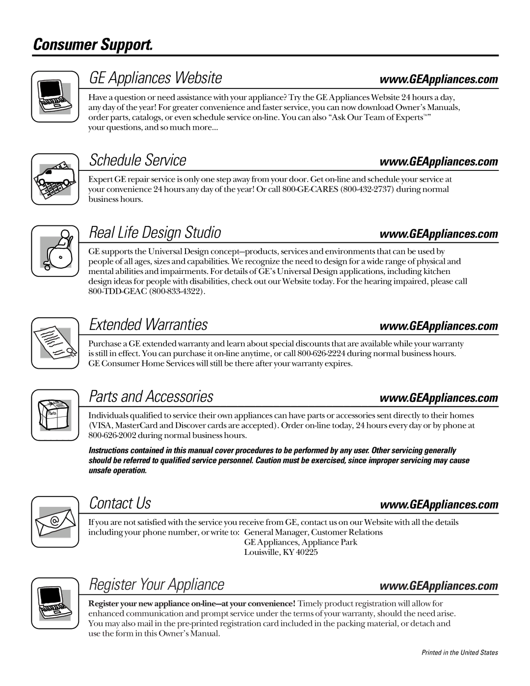 GE EER2000, JBP70 Consumer Support GE Appliances Website, Schedule Service, Real Life Design Studio, Extended Warranties 