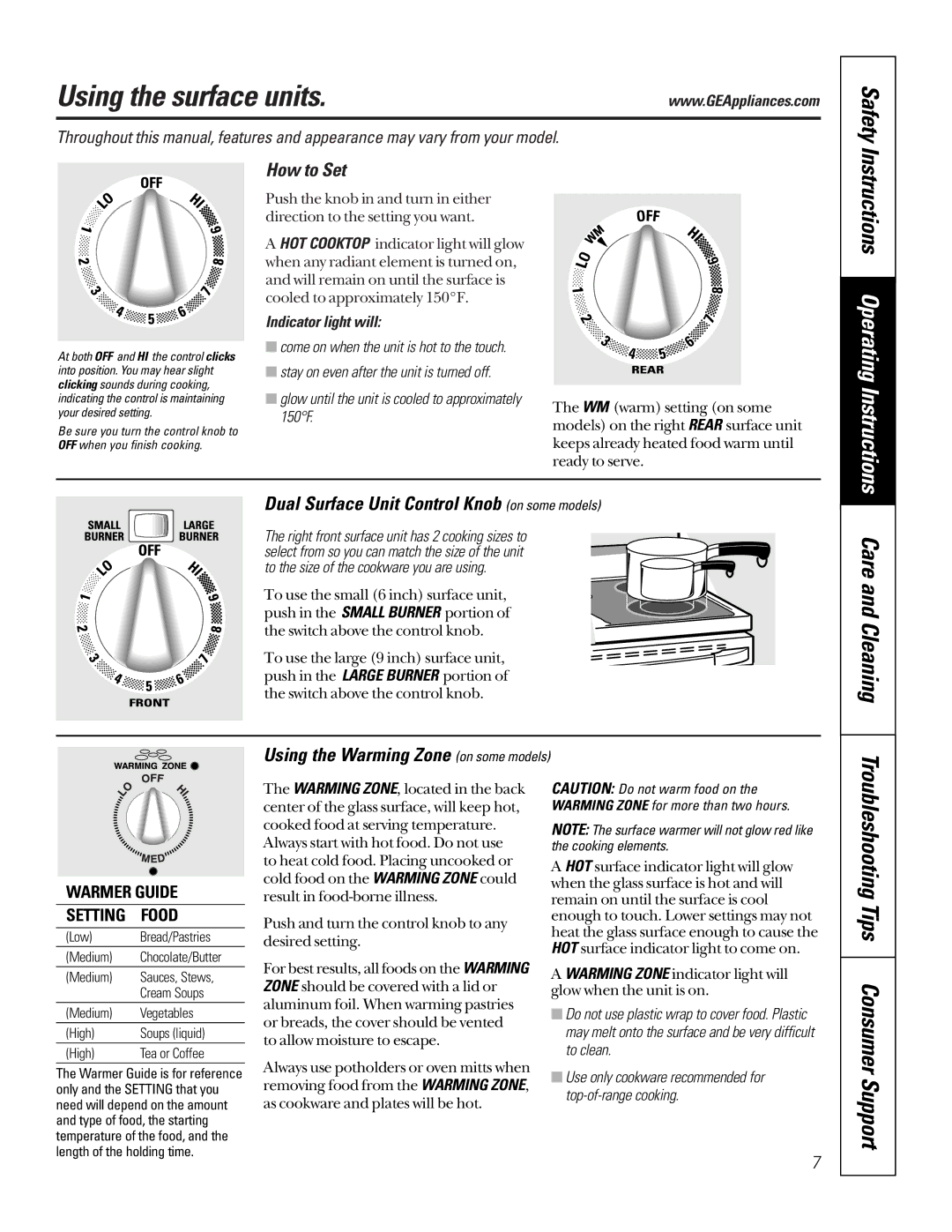 GE JBP70 Using the surface units, Troubleshooting Tips Consumer Support, How to Set, Using the Warming Zone on some models 