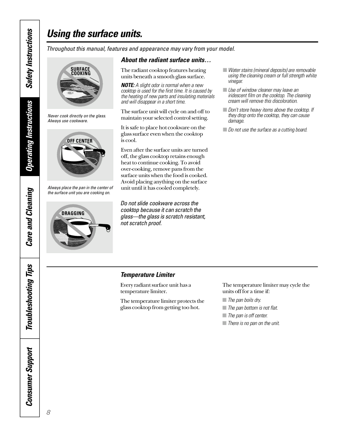 GE EER2000 Consumer Support Troubleshooting, Tips Care and Cleaning, Temperature Limiter, Do not slide cookware across 