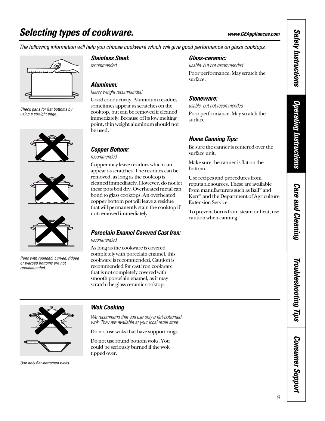 GE JBP70, EER2000 Selecting types of cookware, Instructions Operating, Instructions Care and Cleaning Troubleshooting 