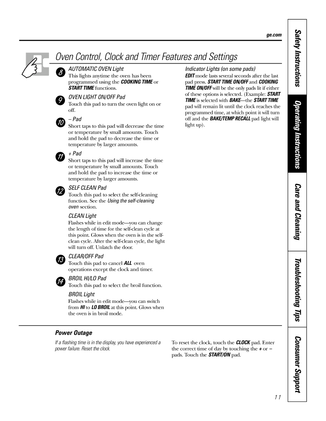 GE EER3000 owner manual Care and Cleaning Troubleshooting Tips Consumer Support, Power Outage 