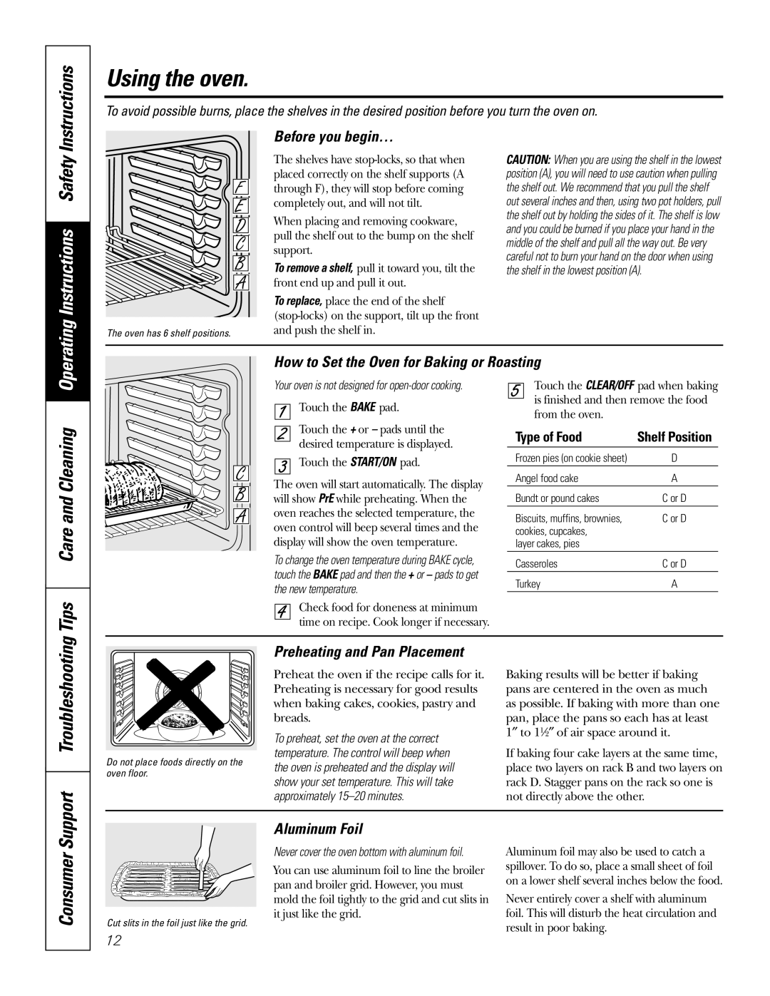 GE EER3000 Instructions, Before you begin…, How to Set the Oven for Baking or Roasting, Preheating and Pan Placement 