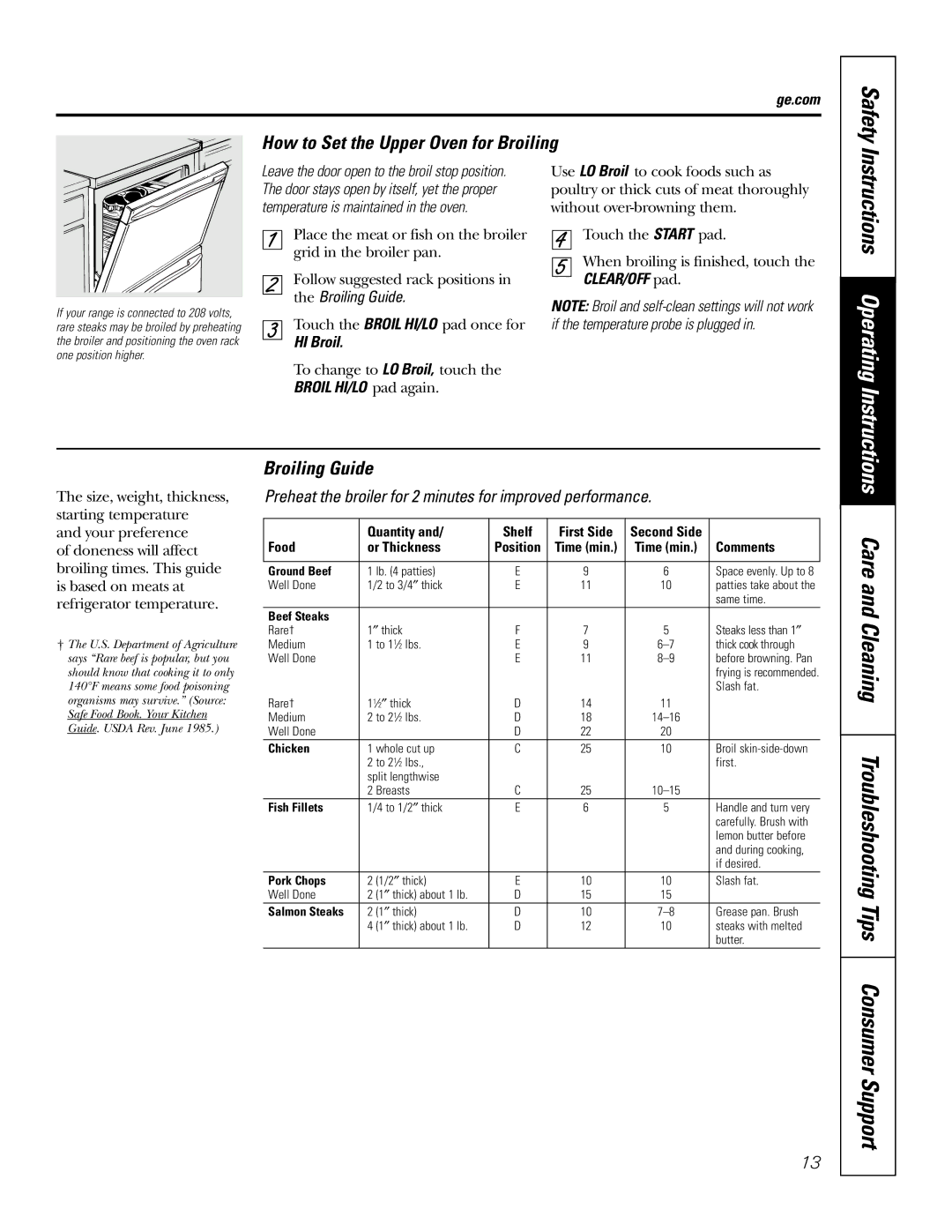 GE EER3000 Care and Cleaning Troubleshooting Tips Consumer Support, How to Set the Upper Oven for Broiling, Broiling Guide 