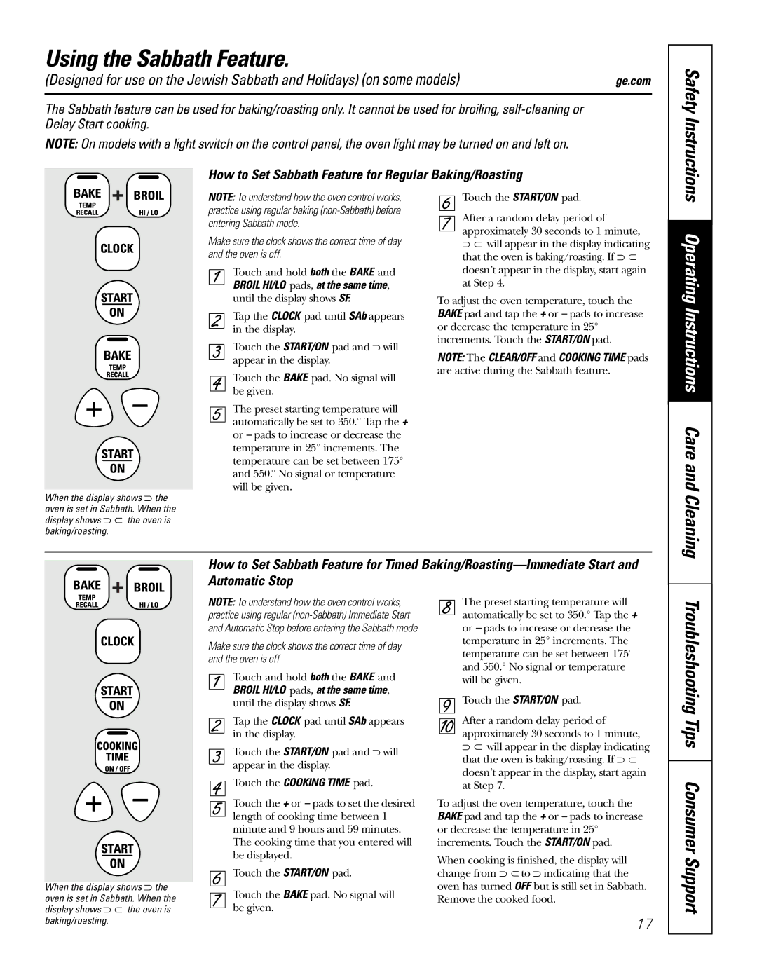 GE EER3000 owner manual Using the Sabbath Feature, Operating Instructions Care and Cleaning 