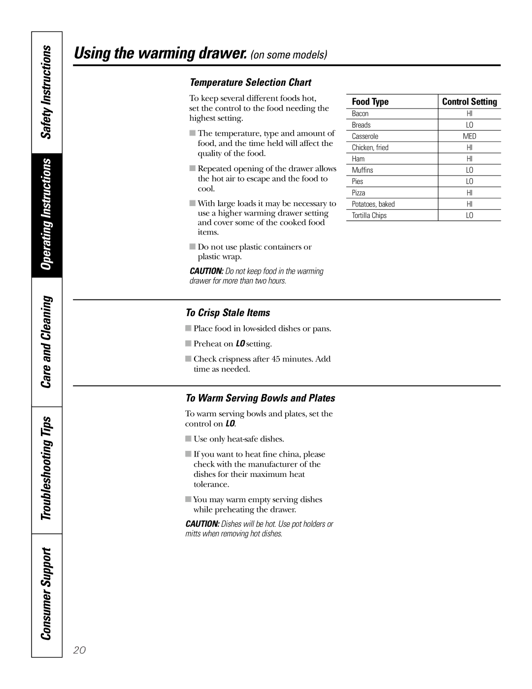 GE EER3000 Consumer Support Troubleshooting Tips Care and Cleaning, Temperature Selection Chart, To Crisp Stale Items 