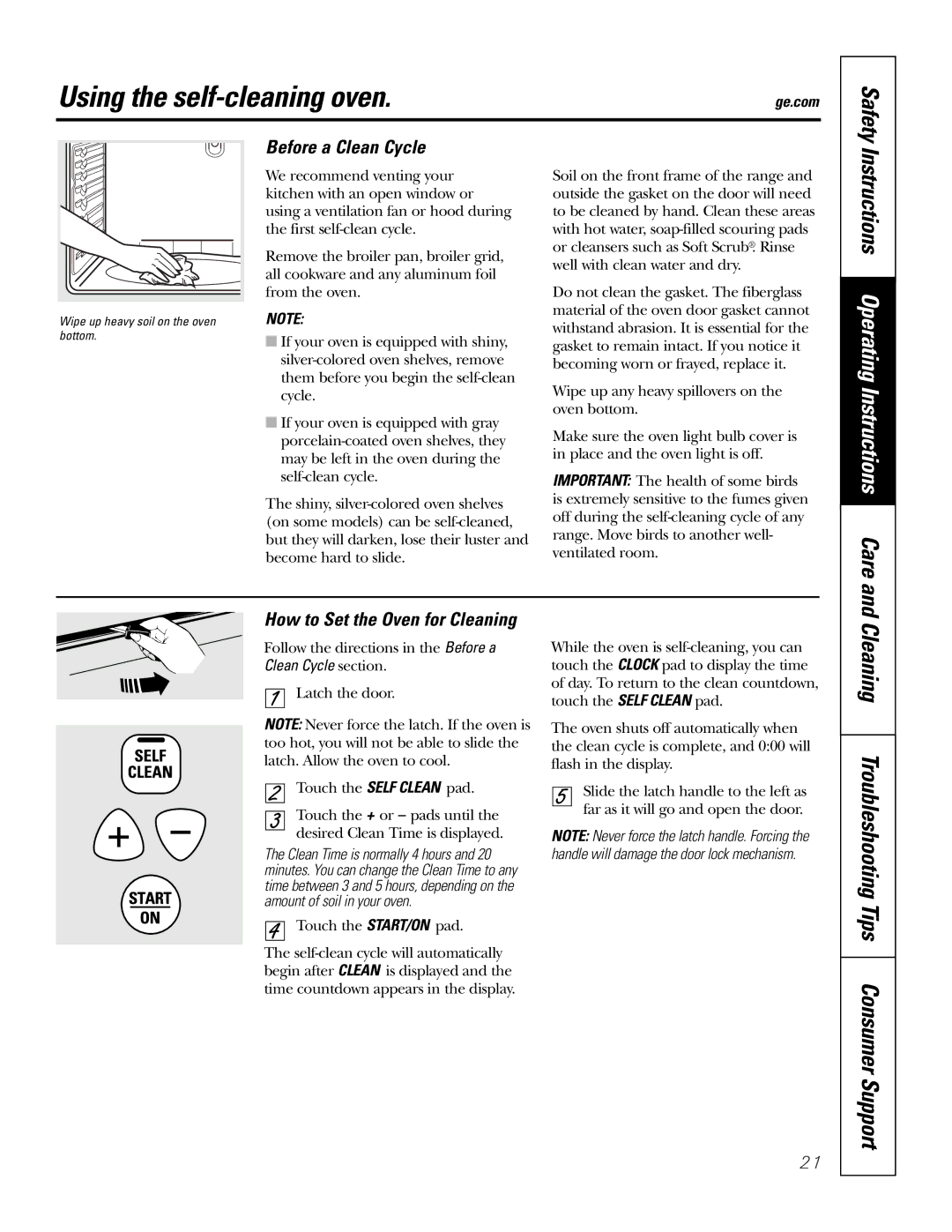 GE EER3000 Using the self-cleaning oven, Cleaning Troubleshooting Tips Consumer Support, Before a Clean Cycle, Safety 