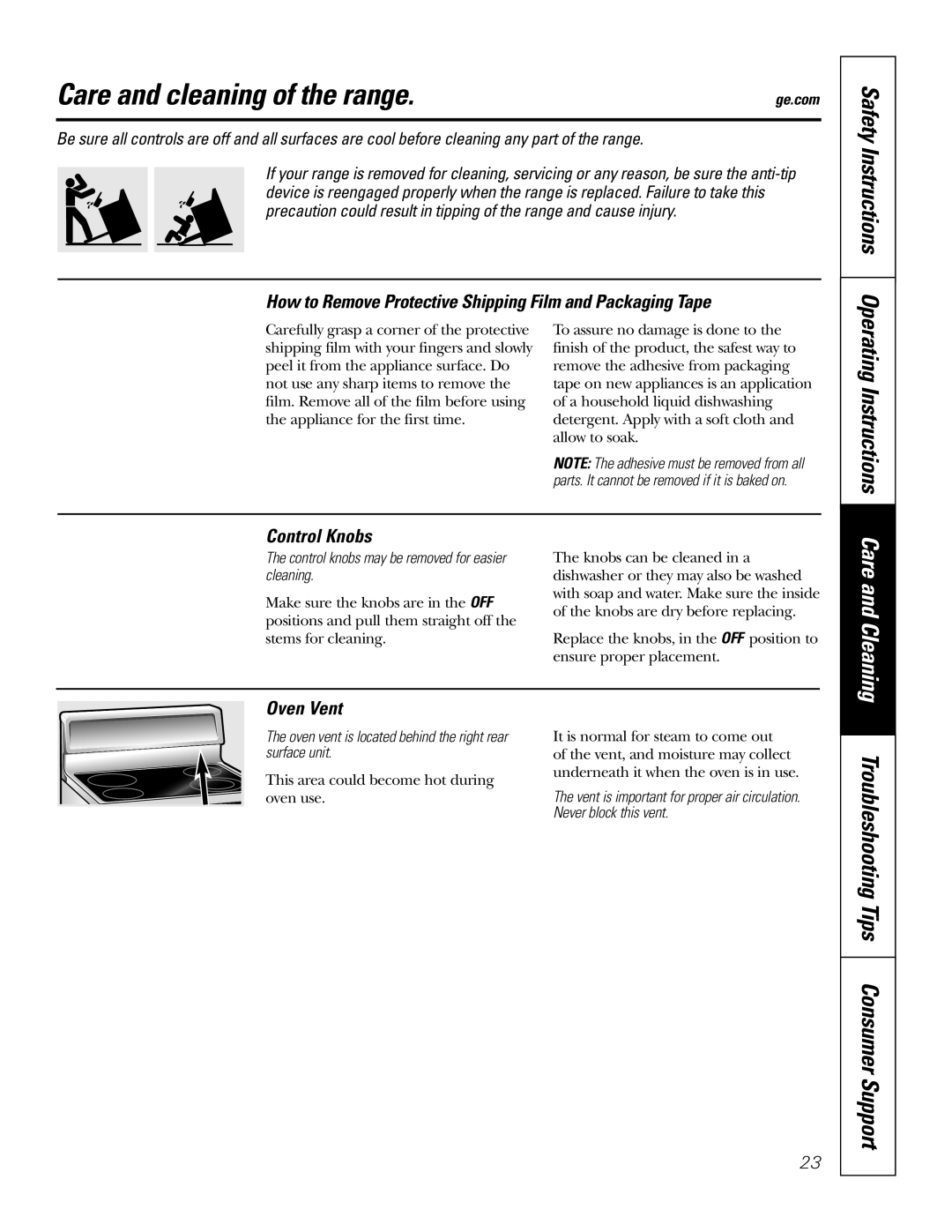 GE EER3000 Care and cleaning of the range, How to Remove Protective Shipping Film and Packaging Tape, Control Knobs 
