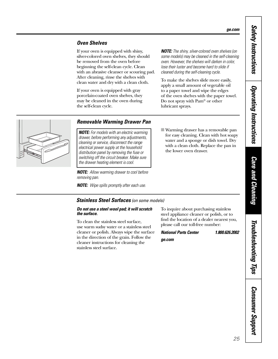 GE EER3000 Instructions Operating, Oven Shelves, Stainless Steel Surfaces on some models, Removable Warming Drawer Pan 