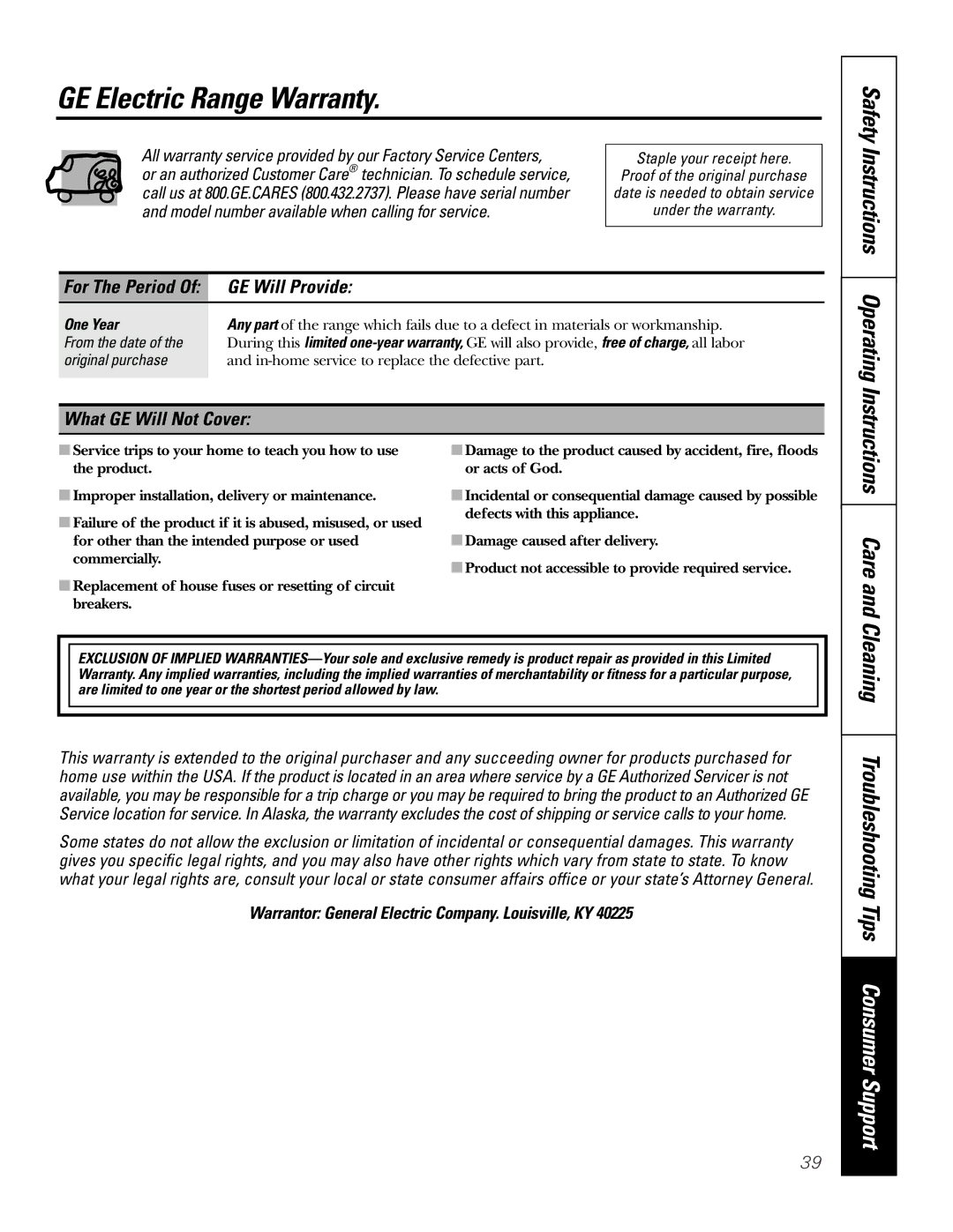 GE EER3000 owner manual GE Electric Range Warranty, Care, Cleaning Troubleshooting Tips Consumer Support, GE Will Provide 