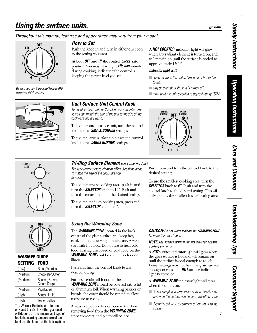 GE EER3000 owner manual Using the surface units, Cleaning, Safety 