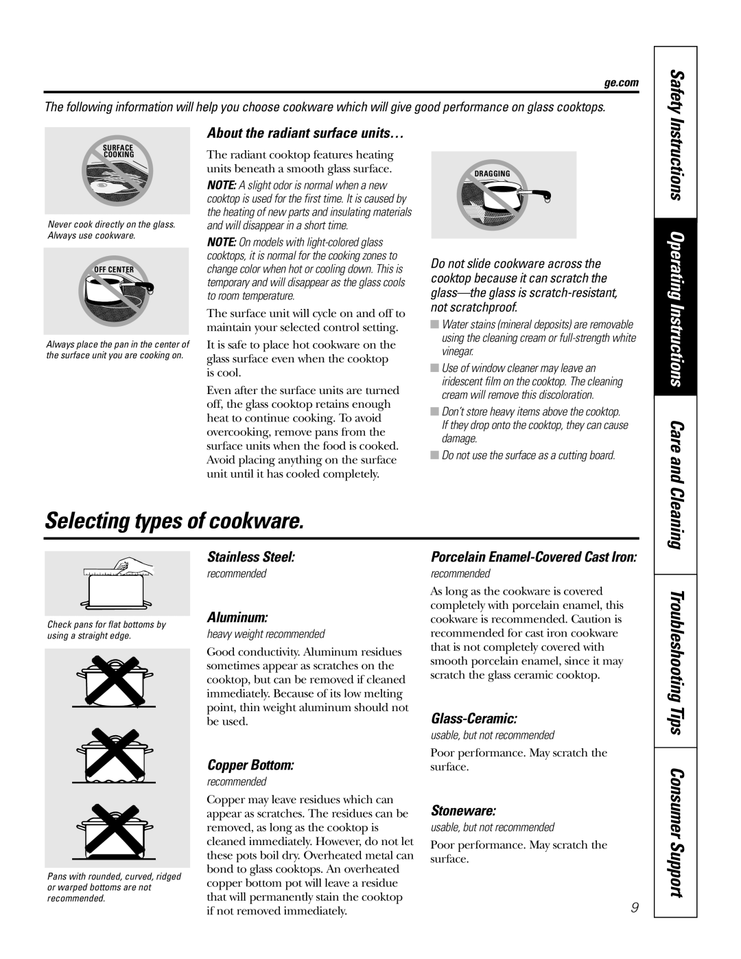 GE EER3000 owner manual Selecting types of cookware, Safety, Troubleshooting Tips Consumer Support 