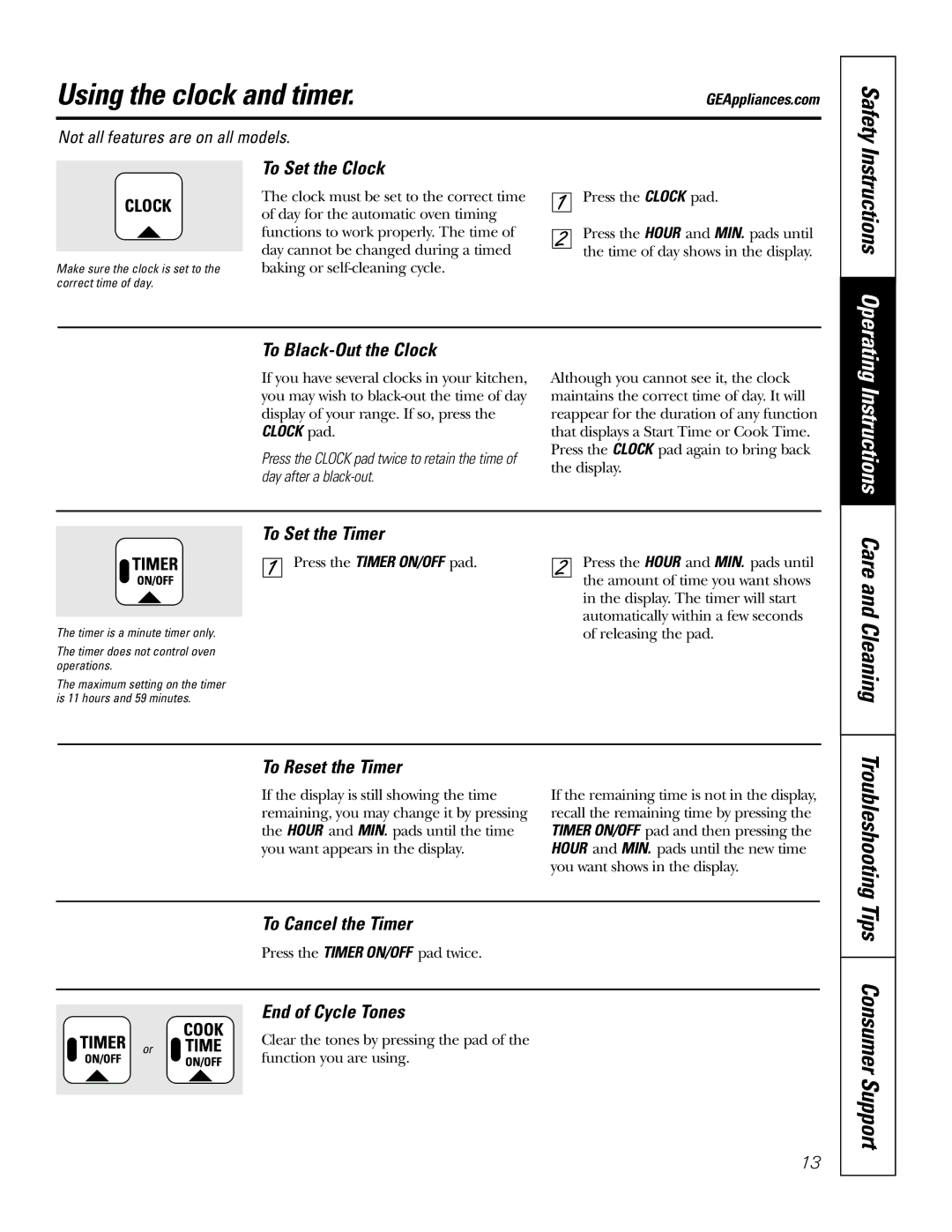 GE EER3002 owner manual Using the clock and timer, Instructions, Care and Cleaning 