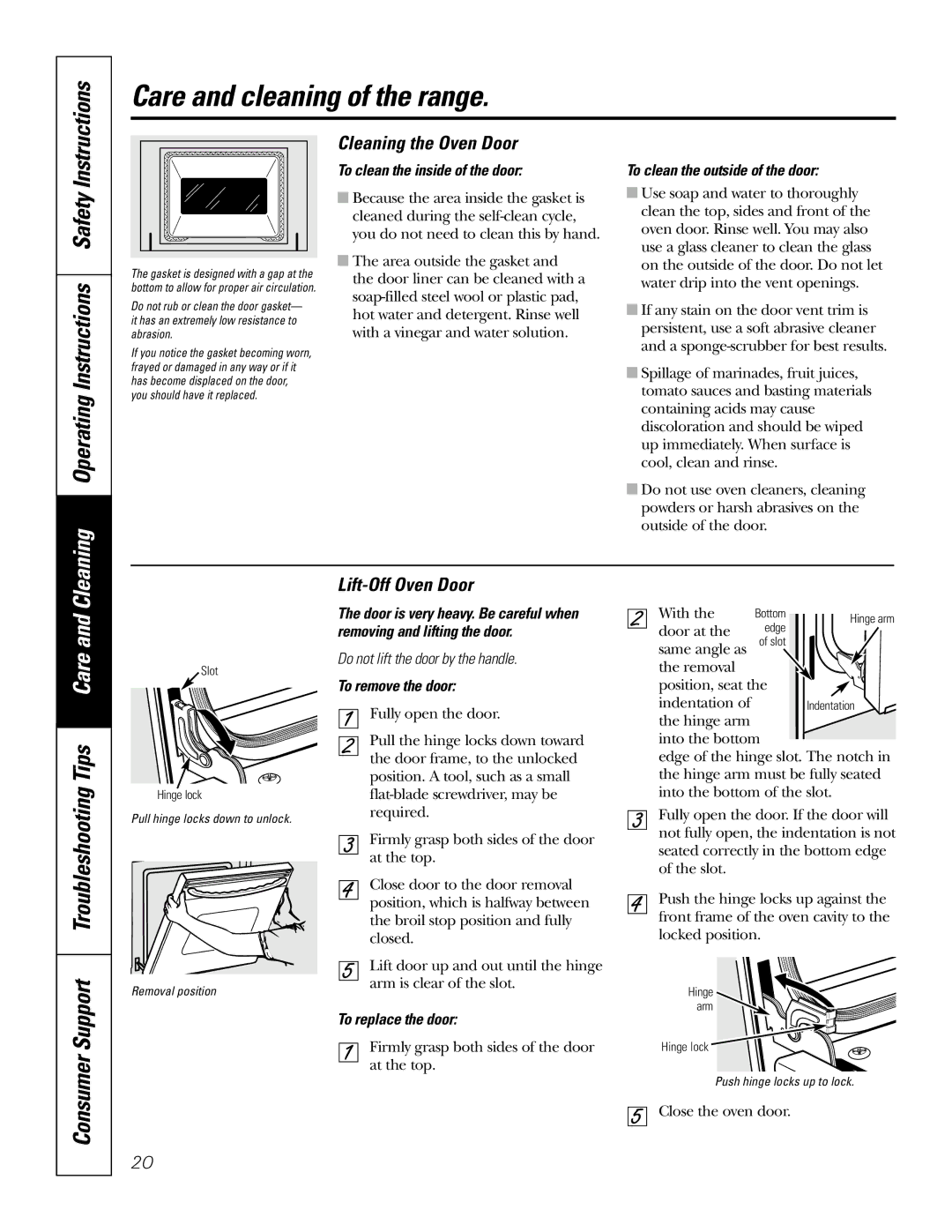 GE EER3002 Cleaning Operating Instructions Safety, Consumer Support Troubleshooting Tips Care, Cleaning the Oven Door 