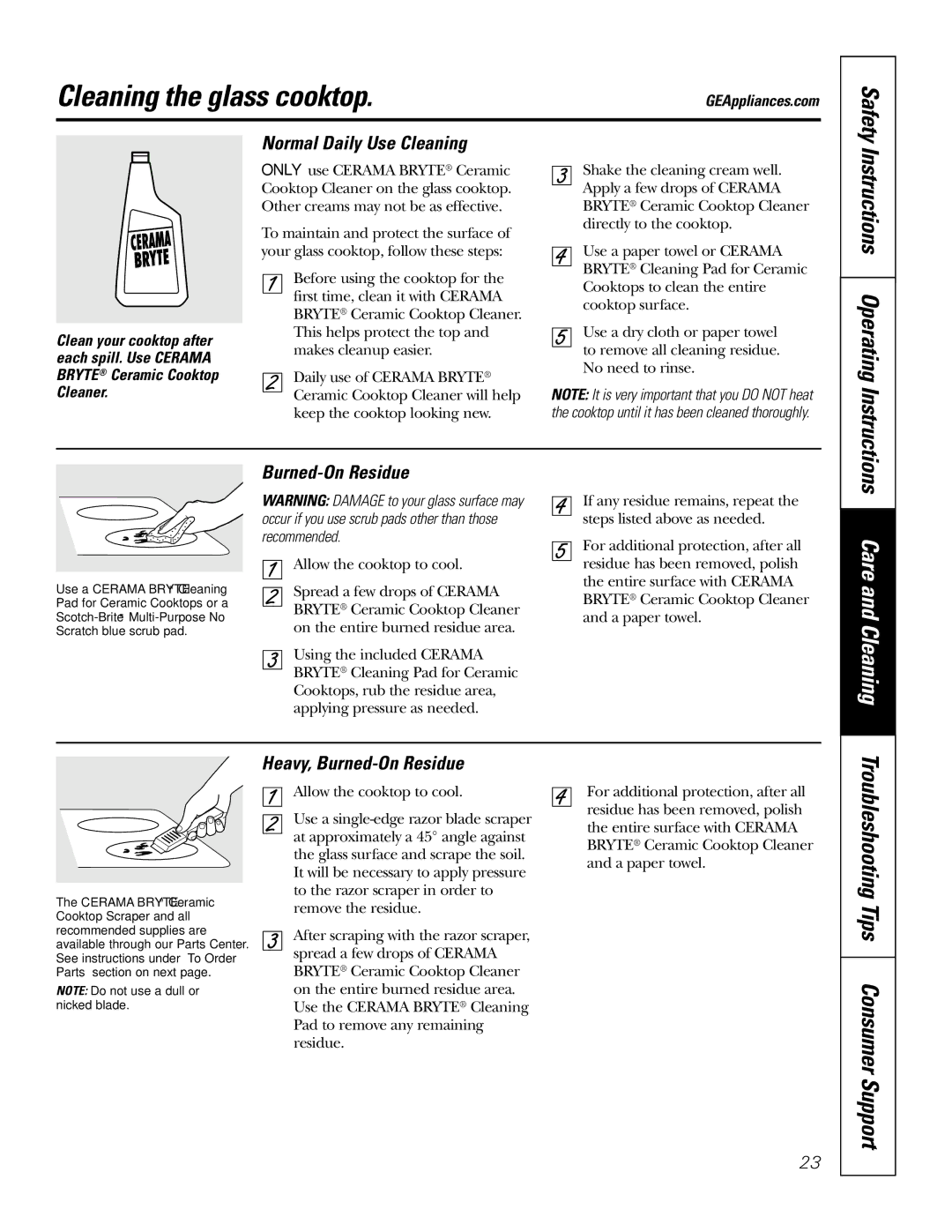 GE EER3002 owner manual Cleaning the glass cooktop, Normal Daily Use Cleaning, Heavy, Burned-On Residue 