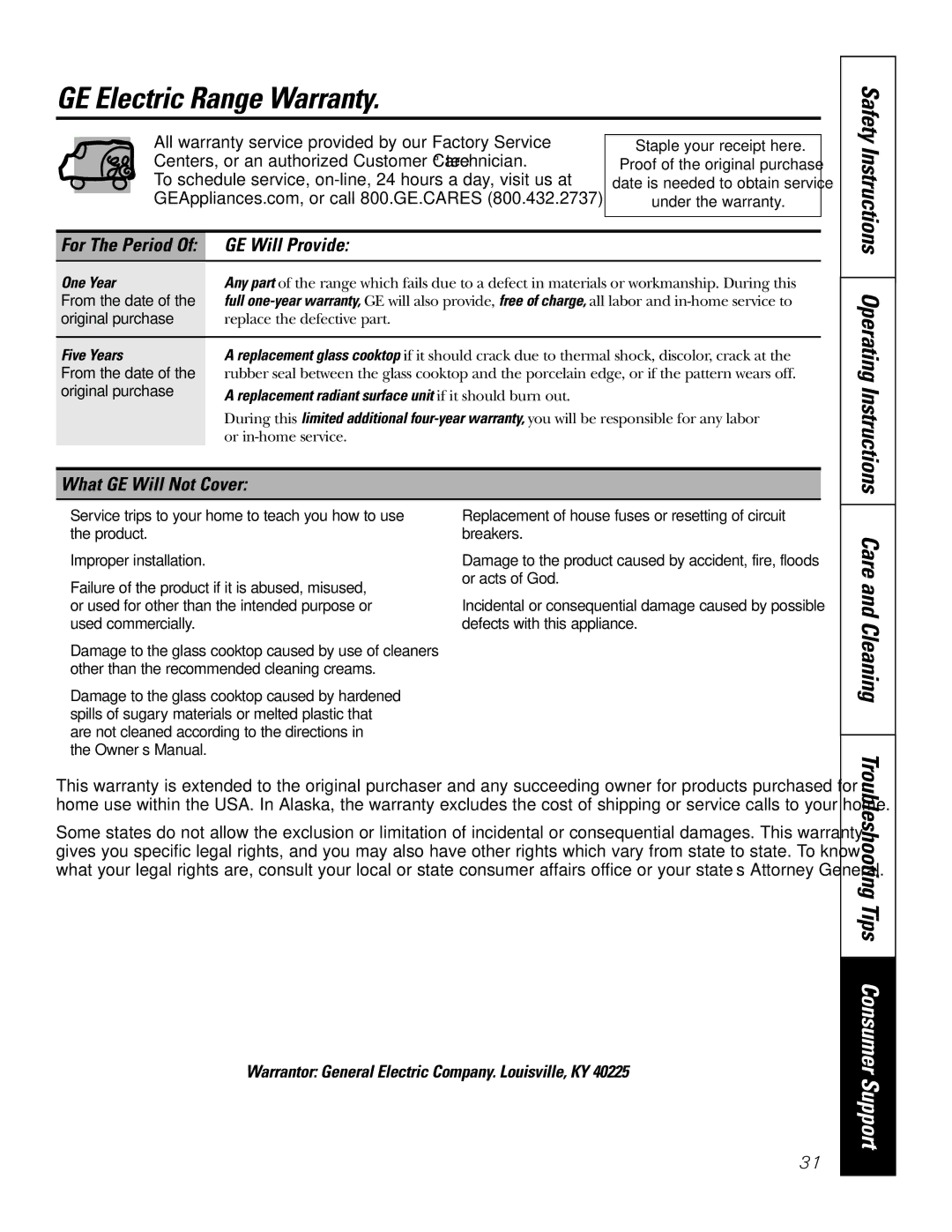 GE EER3002 GE Electric Range Warranty, Troubleshooting Tips Consumer Support, Safety Instructions Operating Instructions 