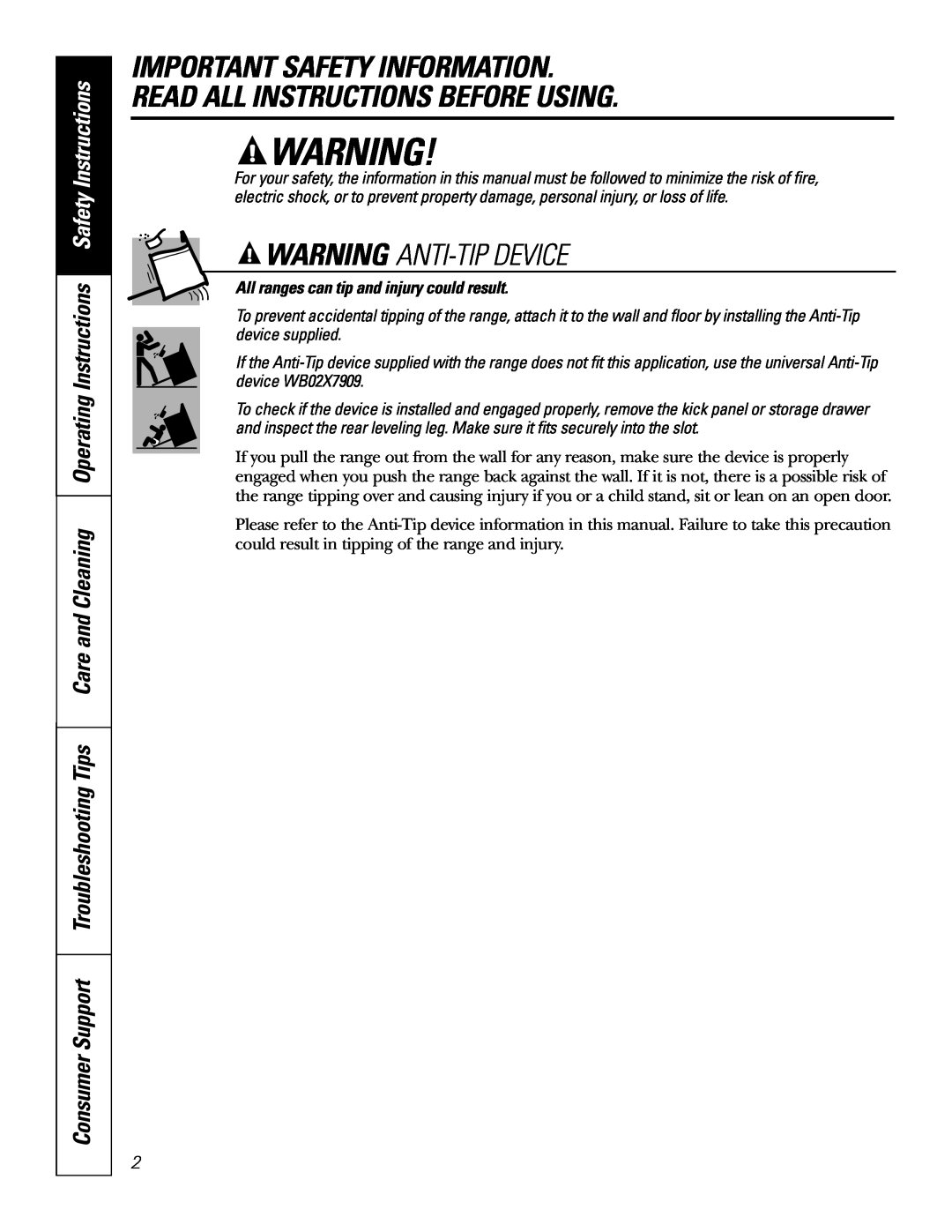 GE EER3002 owner manual Important Safety Information Read All Instructions Before Using, Warning Anti-Tip Device 