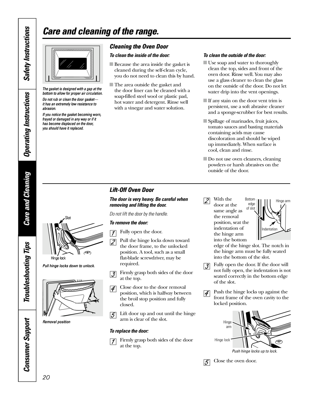 GE EER3002 Cleaning Operating Instructions Safety, Consumer Support Troubleshooting Tips Care and, Cleaning the Oven Door 
