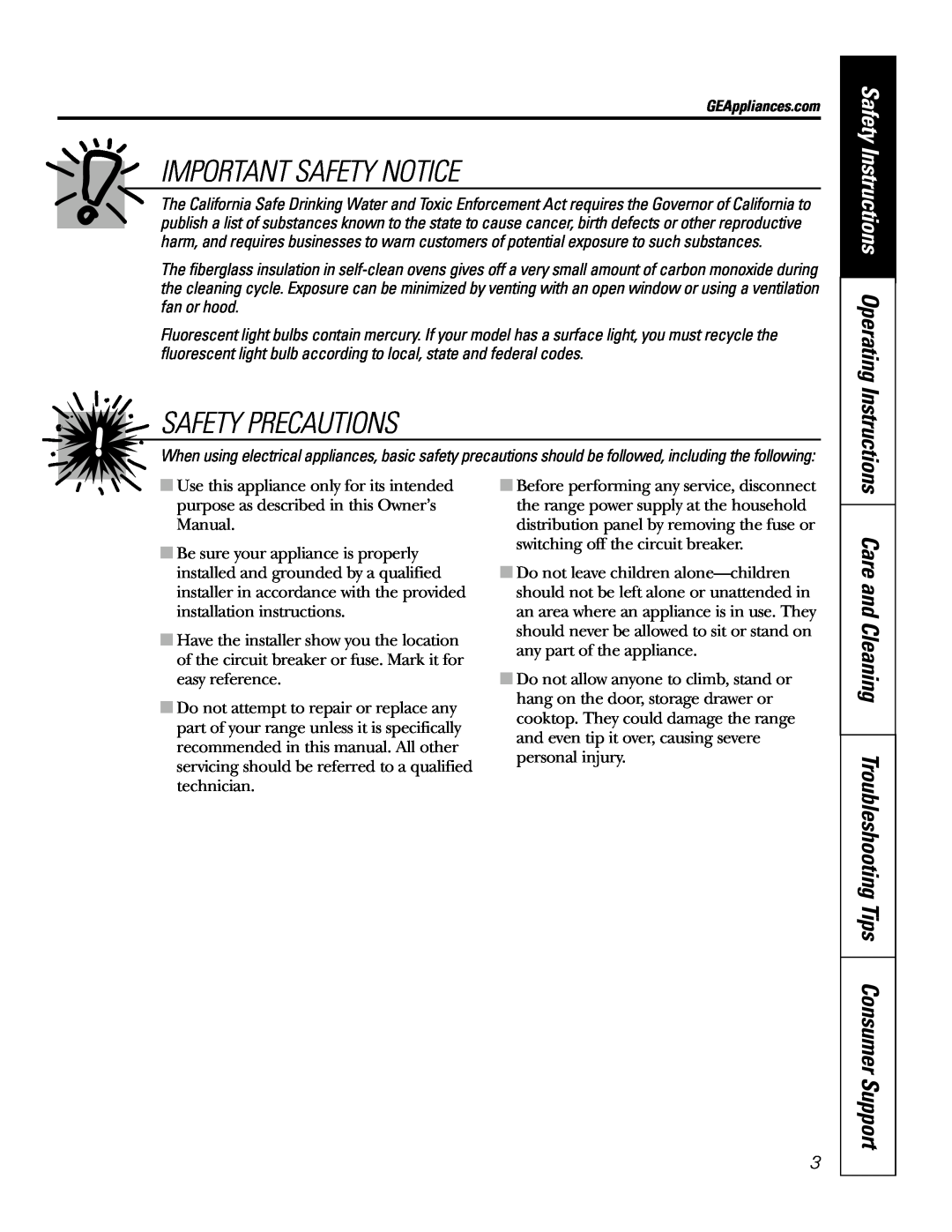 GE EER3002 Important Safety Notice, Safety Precautions, Care and Cleaning Troubleshooting Tips Consumer Support 
