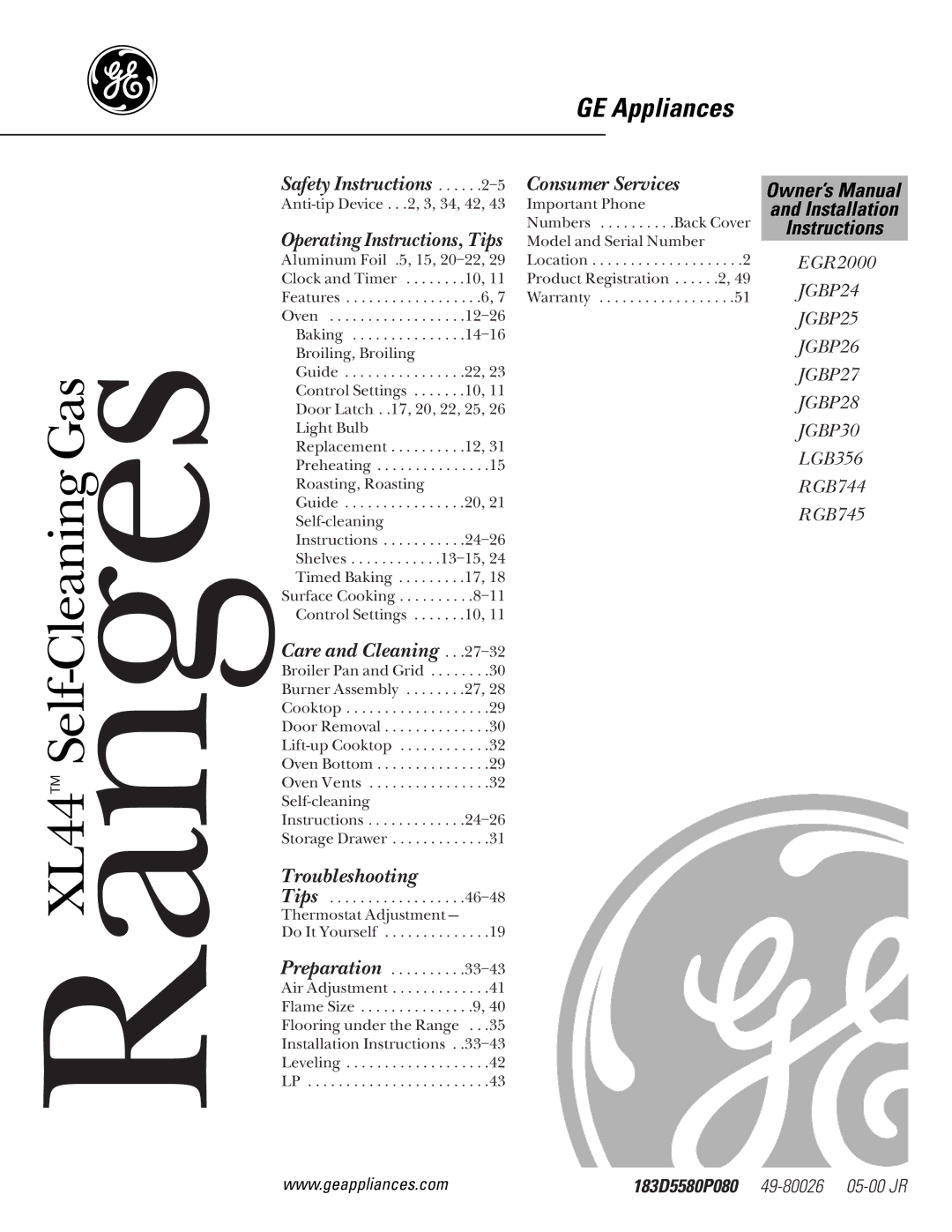 GE LGB356, EGR2000, RGB744 manual RangesXL44 Self-Cleaning Gas 