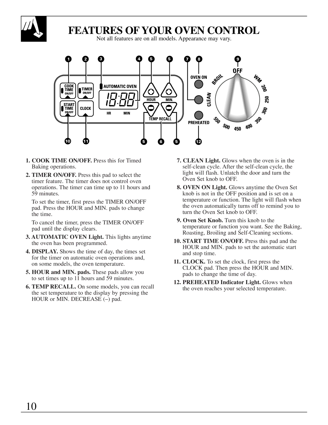 GE LGB356, EGR2000, RGB744 manual Features of Your Oven Control, Cook Time ON/OFF. Press this for Timed Baking operations 