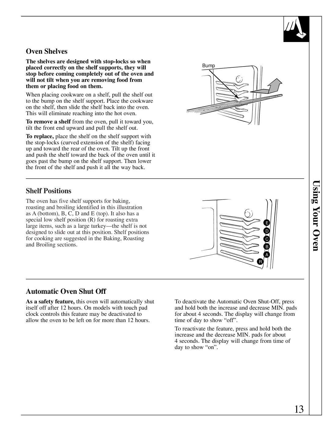 GE LGB356, EGR2000, RGB744 manual Oven Shelves, Shelf Positions, Automatic Oven Shut Off 