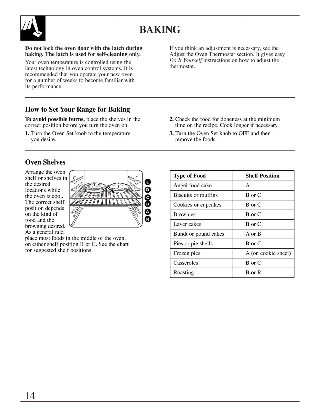 GE RGB744, EGR2000, LGB356 manual How to Set Your Range for Baking, Type of Food Shelf Position 