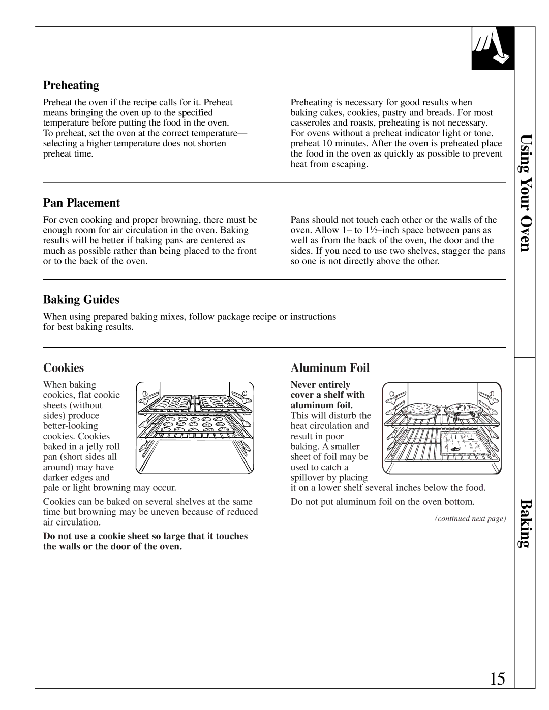 GE EGR2000, LGB356, RGB744 manual Preheating, Pan Placement, Baking Guides, Cookies, Aluminum Foil 