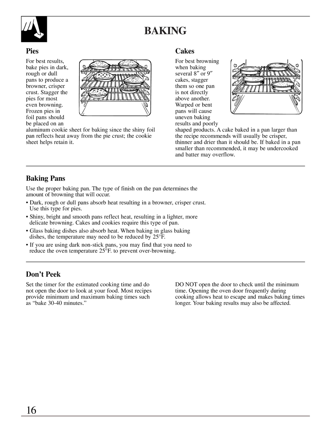 GE LGB356, EGR2000, RGB744 manual Pies, Cakes, Baking Pans, Don’t Peek 